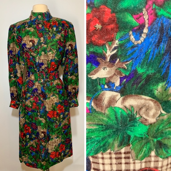 Vintage Dresses & Skirts - Vintage 1980's Tropical Floral Plaid Reindeer Button Up Long Sleeve Dress L/XL